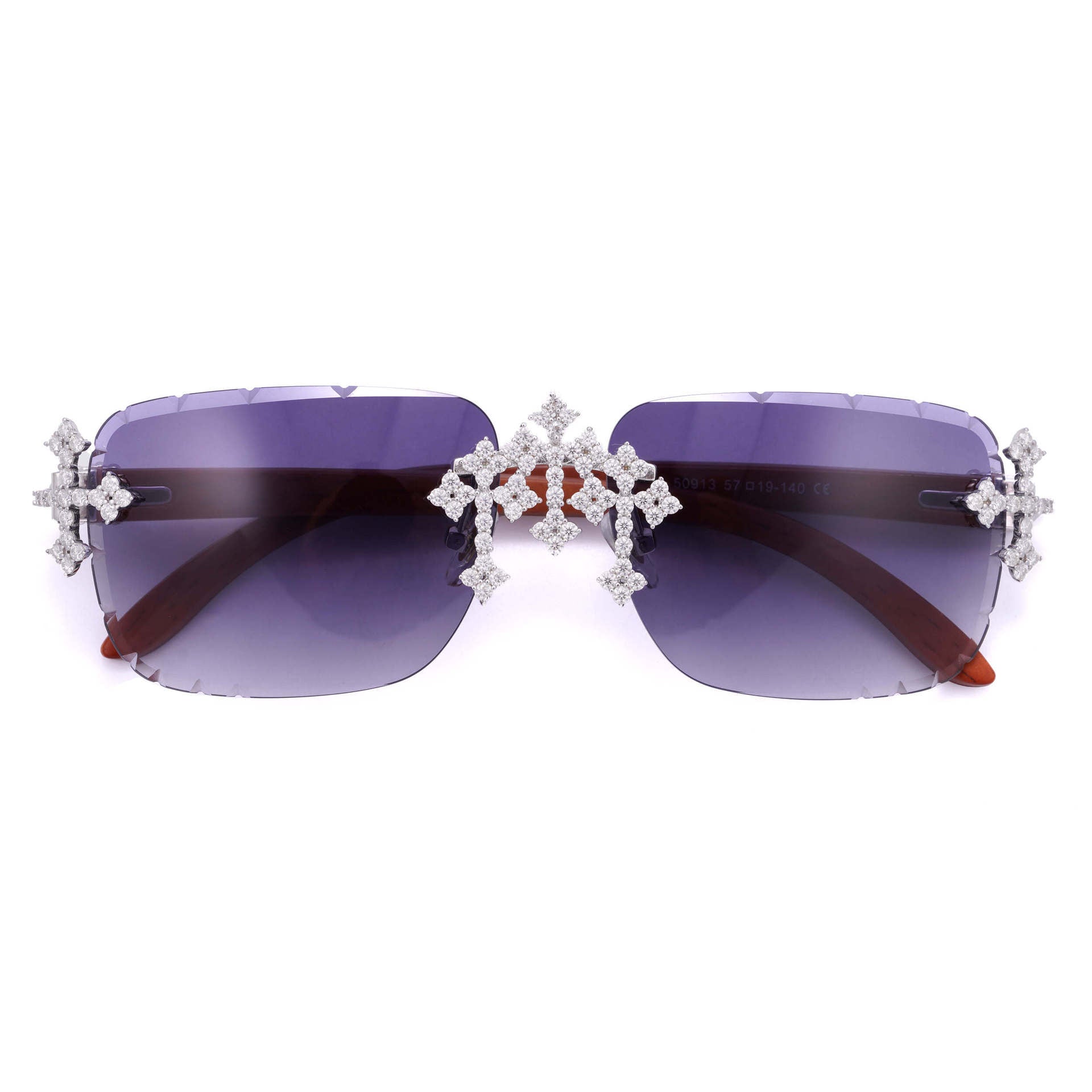 GL Hip-Hop Rimless Sunglasses VVS Moissanite Inlay Cross Bridge & Multicolor Lenses Wooden Arms