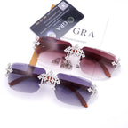 GL Hip-Hop Rimless Sunglasses VVS Moissanite Inlay Cross Bridge & Multicolor Lenses Wooden Arms