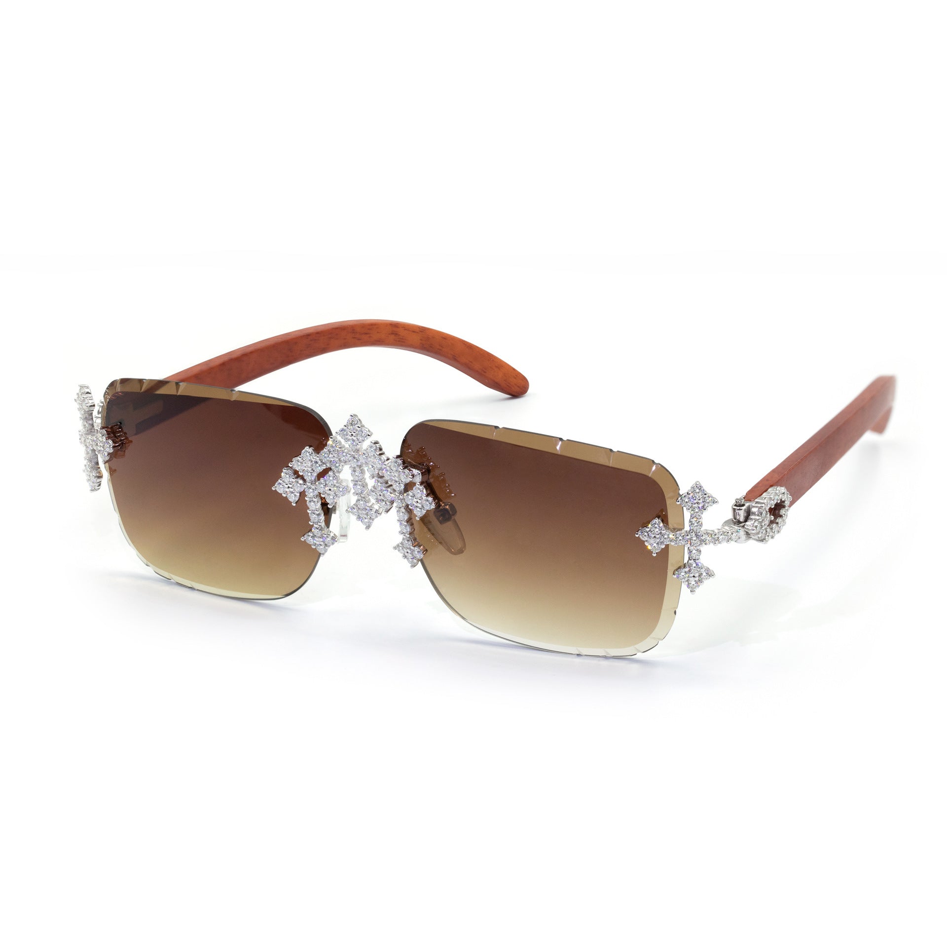 GL Hip-Hop Rimless Sunglasses VVS Moissanite Inlay Cross Bridge & Multicolor Lenses Wooden Arms