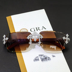GL Hip-Hop Rimless Sunglasses VVS Moissanite Inlay Cross Bridge & Multicolor Lenses Wooden Arms