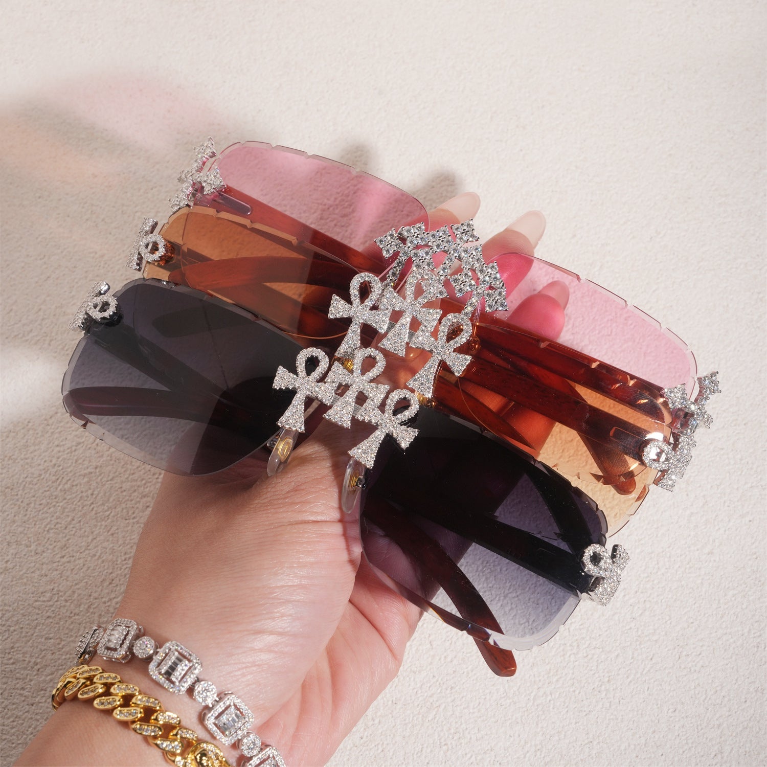 GL Hip-Hop Rimless Sunglasses VVS Moissanite  Ankh  Bridge & Multicolor Lenses Red Wooden Arms