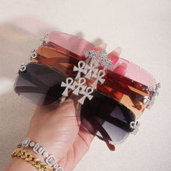 GL Hip-Hop Rimless Sunglasses VVS Moissanite  Ankh  Bridge & Multicolor Lenses Red Wooden Arms