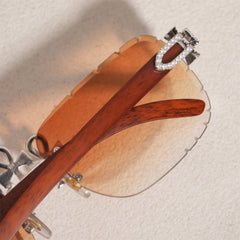 GL Hip-Hop Rimless Sunglasses VVS Moissanite  Ankh  Bridge & Multicolor Lenses Red Wooden Arms