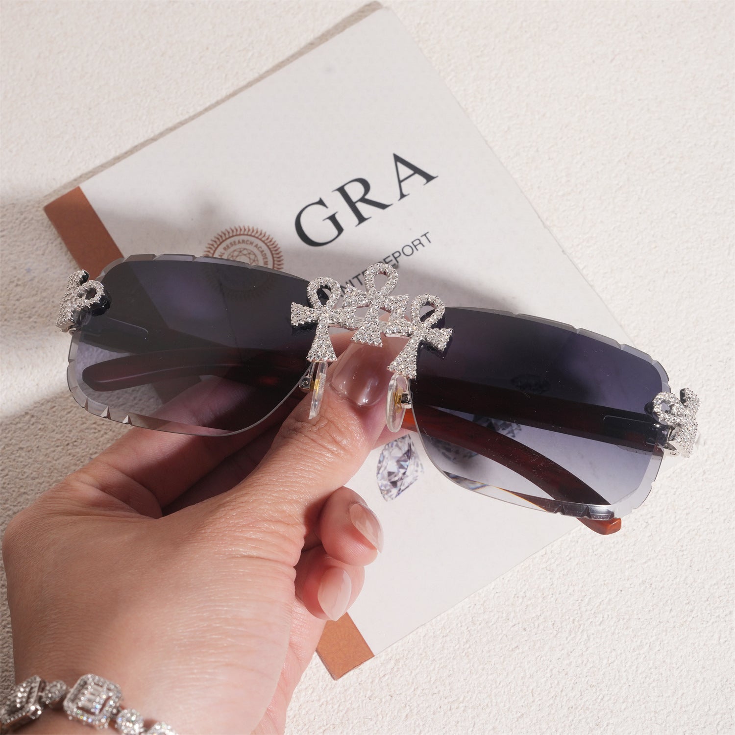 GL Hip-Hop Rimless Sunglasses VVS Moissanite  Ankh  Bridge & Multicolor Lenses Red Wooden Arms