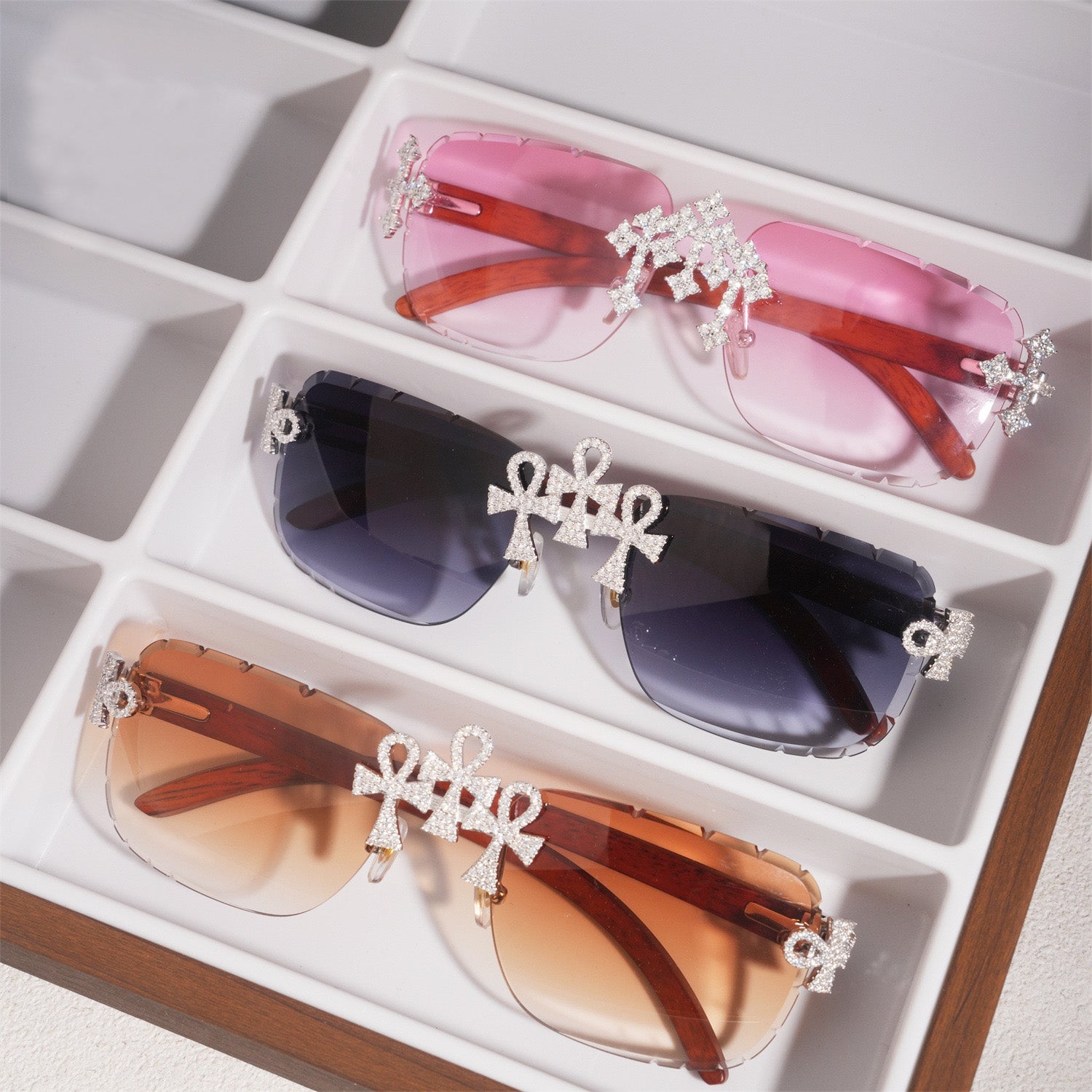 GL Hip-Hop Rimless Sunglasses VVS Moissanite  Ankh  Bridge & Multicolor Lenses Red Wooden Arms Secondary image
