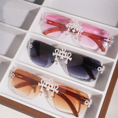 GL Hip-Hop Rimless Sunglasses VVS Moissanite  Ankh  Bridge & Multicolor Lenses Red Wooden Arms