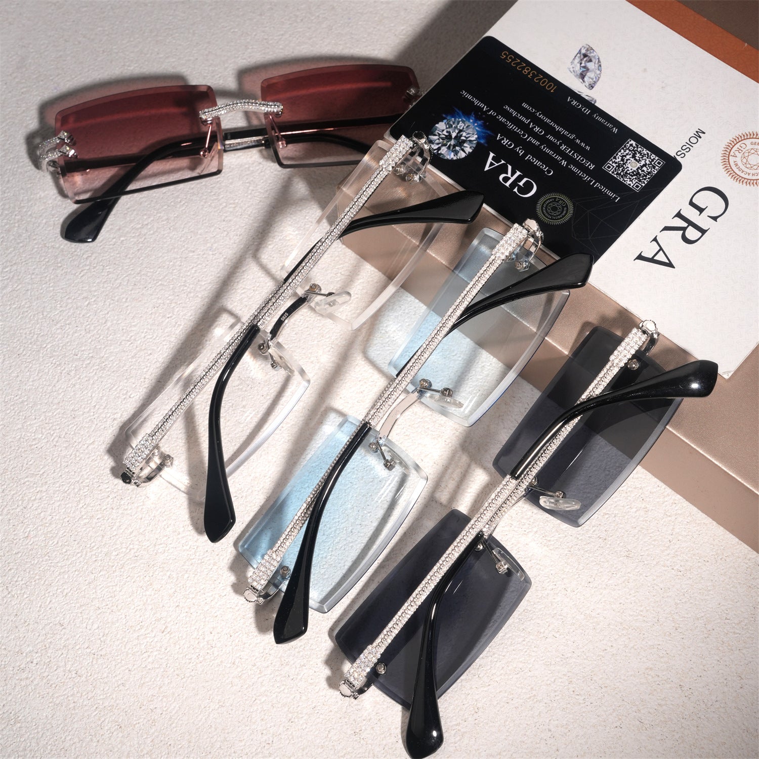 GL Hip-Hop Rimless Sunglasses VVS Moissanite Inlay Bridge & Multicolor Lenses Moissanite Metal Arms