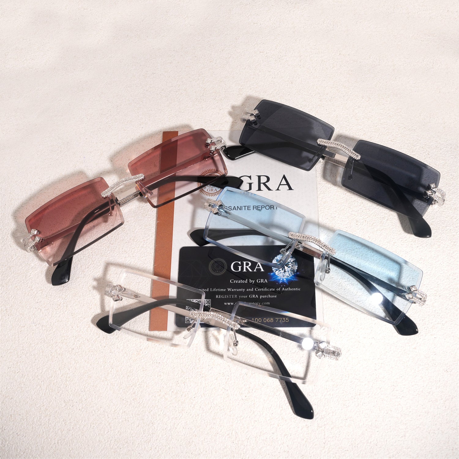 GL Hip-Hop Rimless Sunglasses VVS Moissanite Inlay Bridge & Multicolor Lenses Moissanite Metal Arms