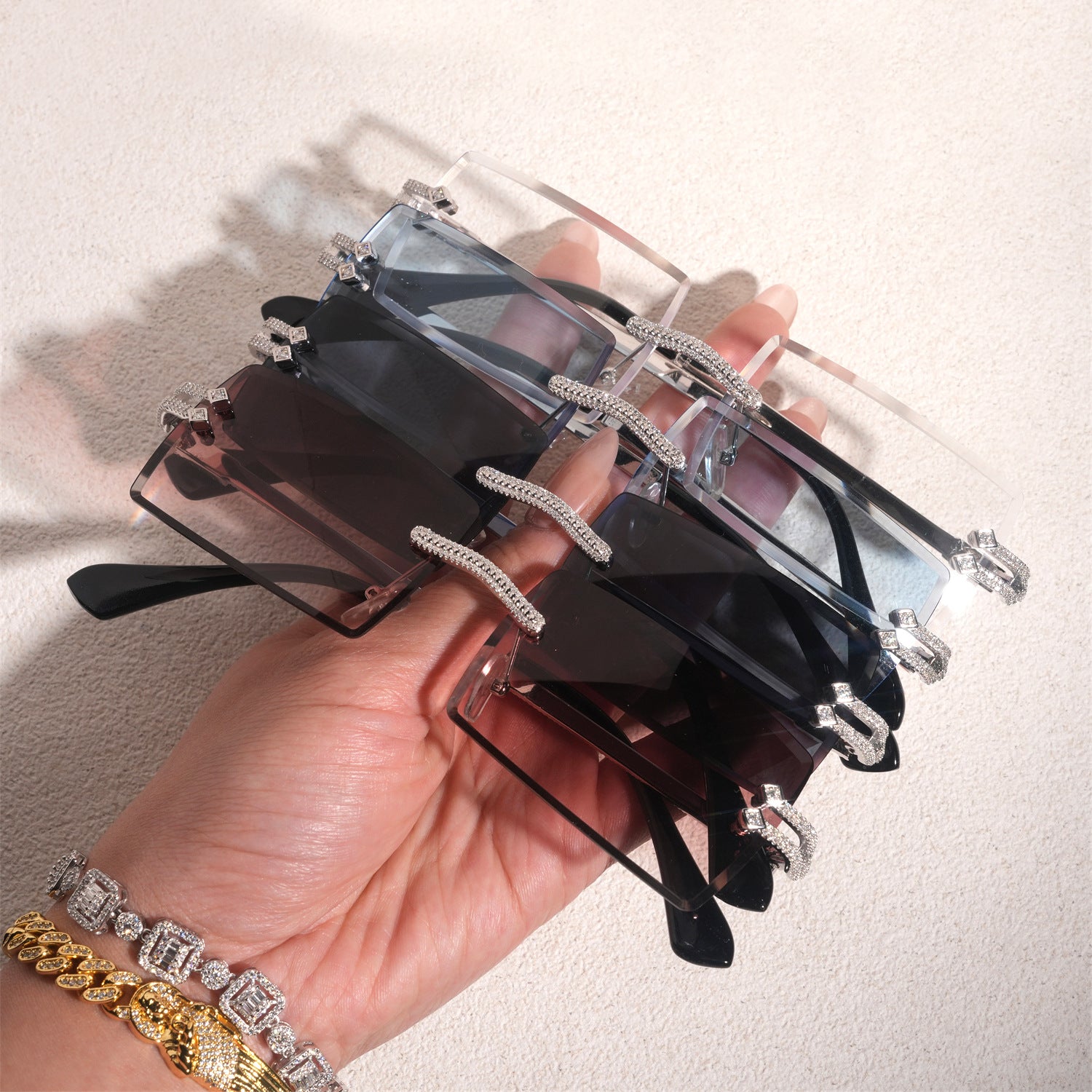 GL Hip-Hop Rimless Sunglasses VVS Moissanite Inlay Bridge & Multicolor Lenses Moissanite Metal Arms