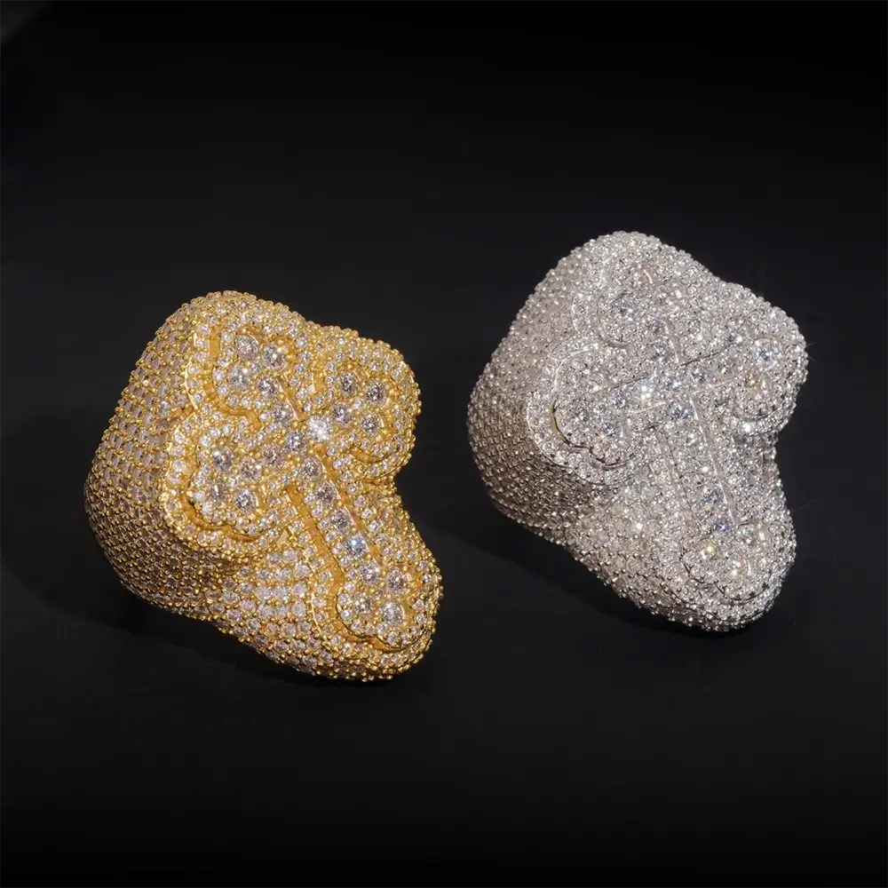 GL Hip Hop Cross Baguette Round Pave Moissanite Diamonds Ring