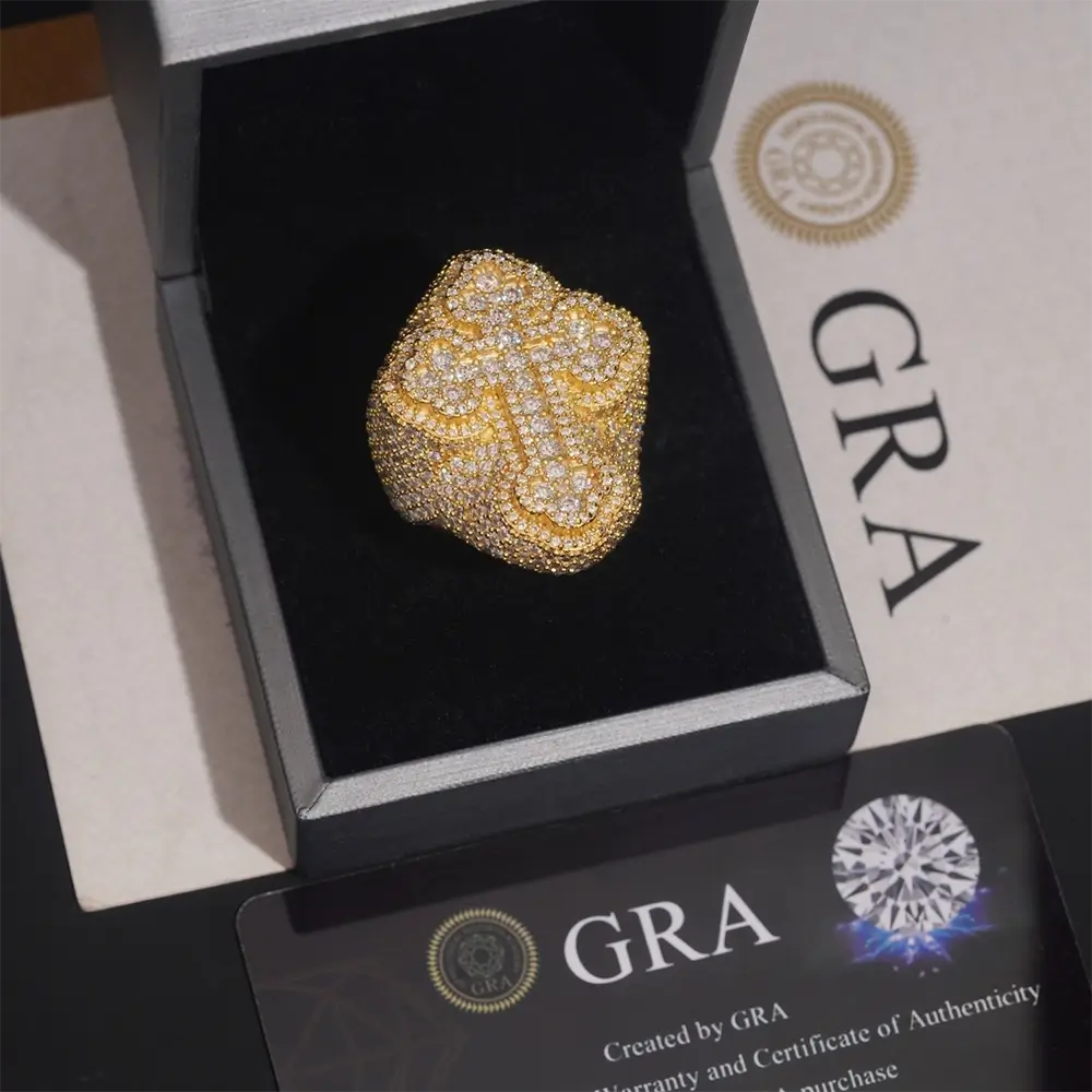 GL Hip Hop Cross Baguette Round Pave Moissanite Diamonds Ring