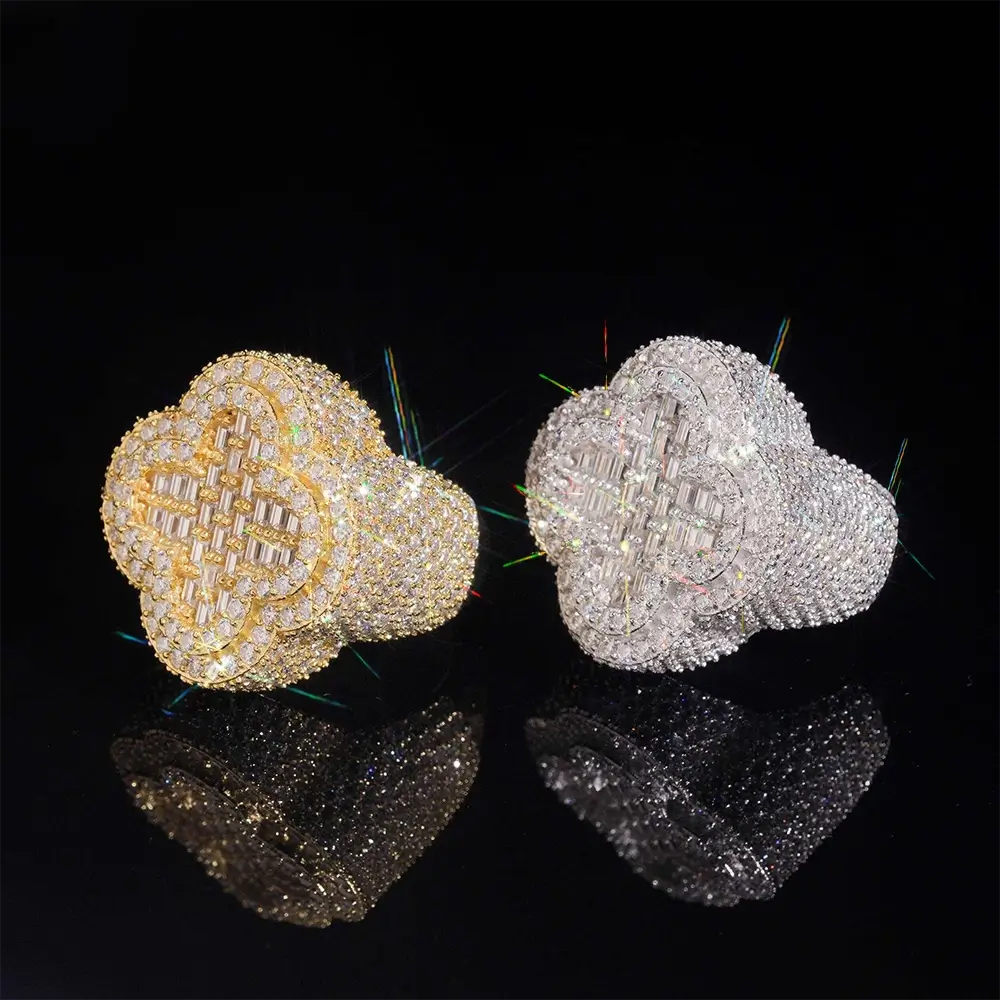 GL Iced Out Clover Baguette Moissanite Diamond Ring