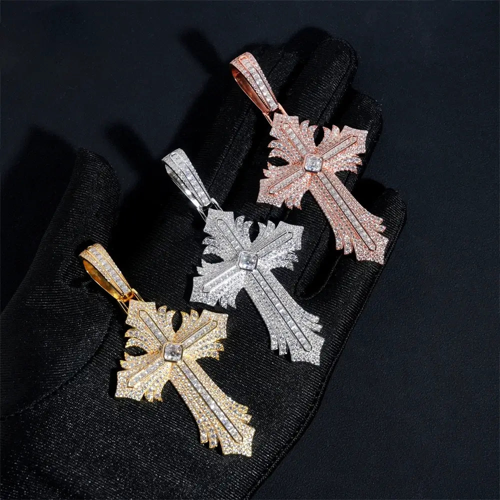 Iced Out VVS Moissanite Flare Cross Pendant S925 Silver