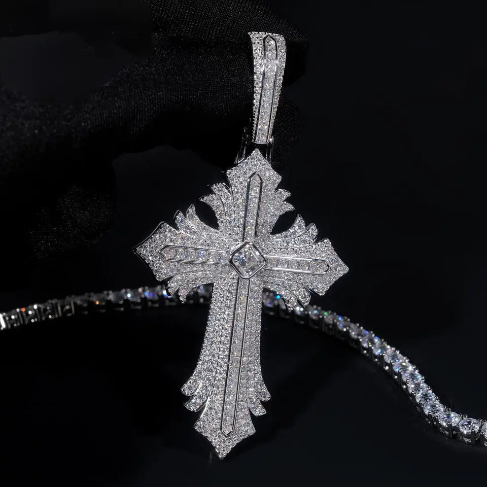 Iced Out VVS Moissanite Flare Cross Pendant S925 Silver