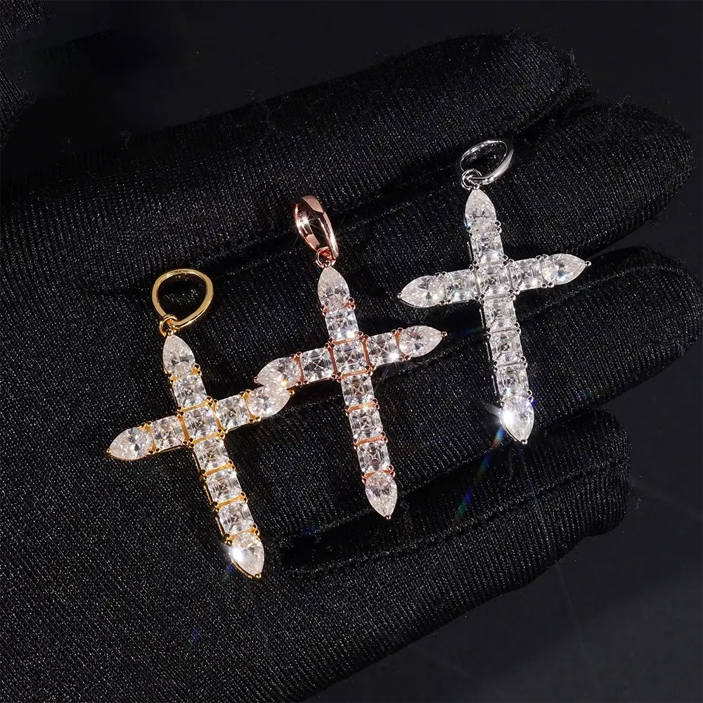 4MM Ascher Cut S925 Silver VVS Moissanite Cross Pendant