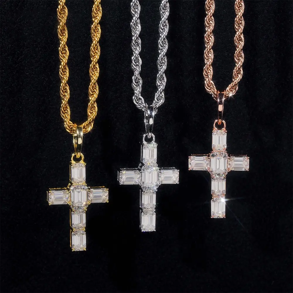 5ct Emerald Cut S925 Silver VVS Moissanite Cross Pendant