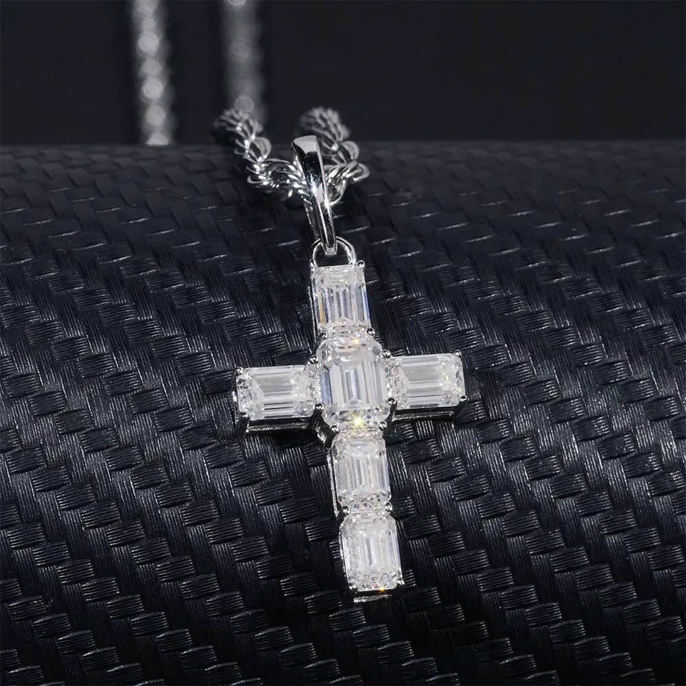 5ct Emerald Cut S925 Silver VVS Moissanite Cross Pendant