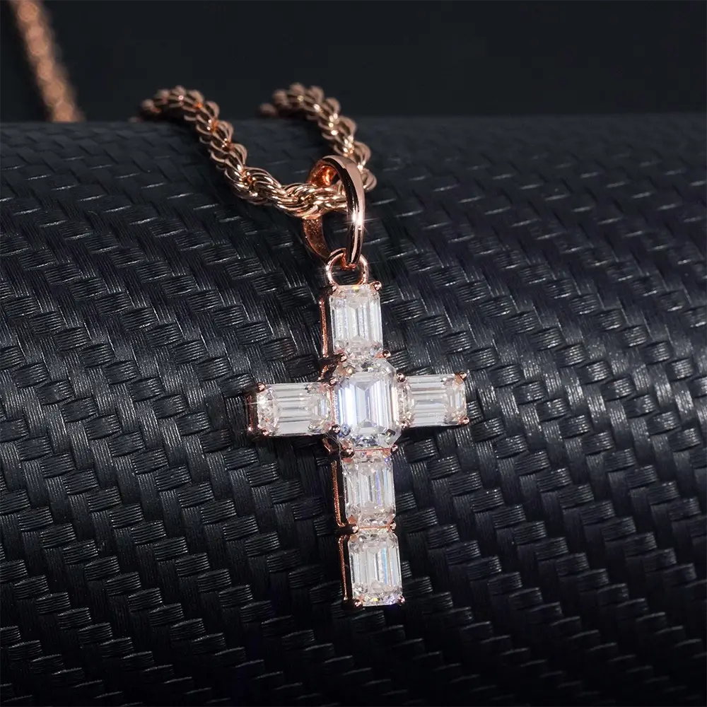 5ct Emerald Cut S925 Silver VVS Moissanite Cross Pendant