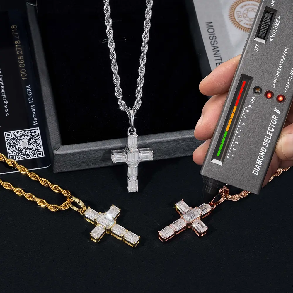 5ct Emerald Cut S925 Silver VVS Moissanite Cross Pendant