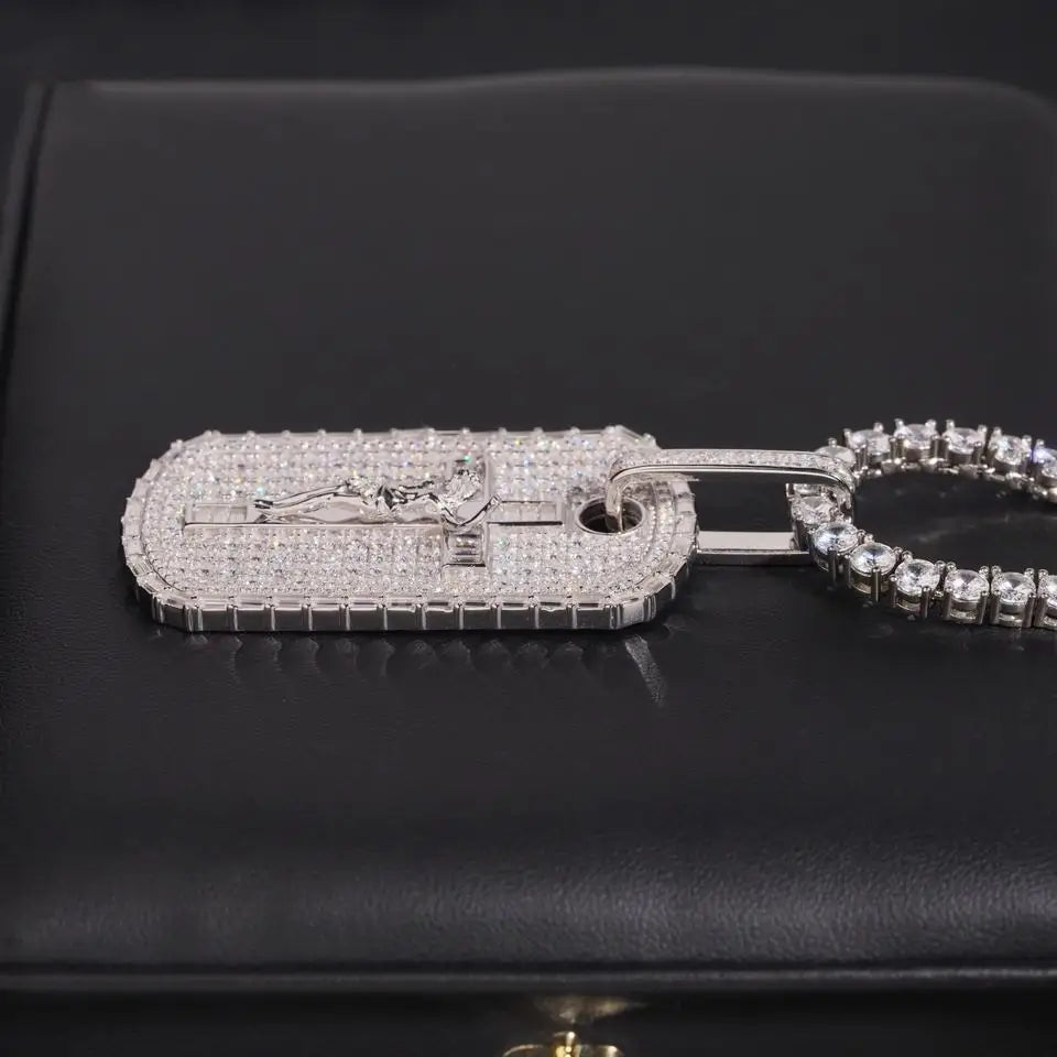 Iced Out Baguette VVS Moissanite Jesus Cross Dog Tag Pendant