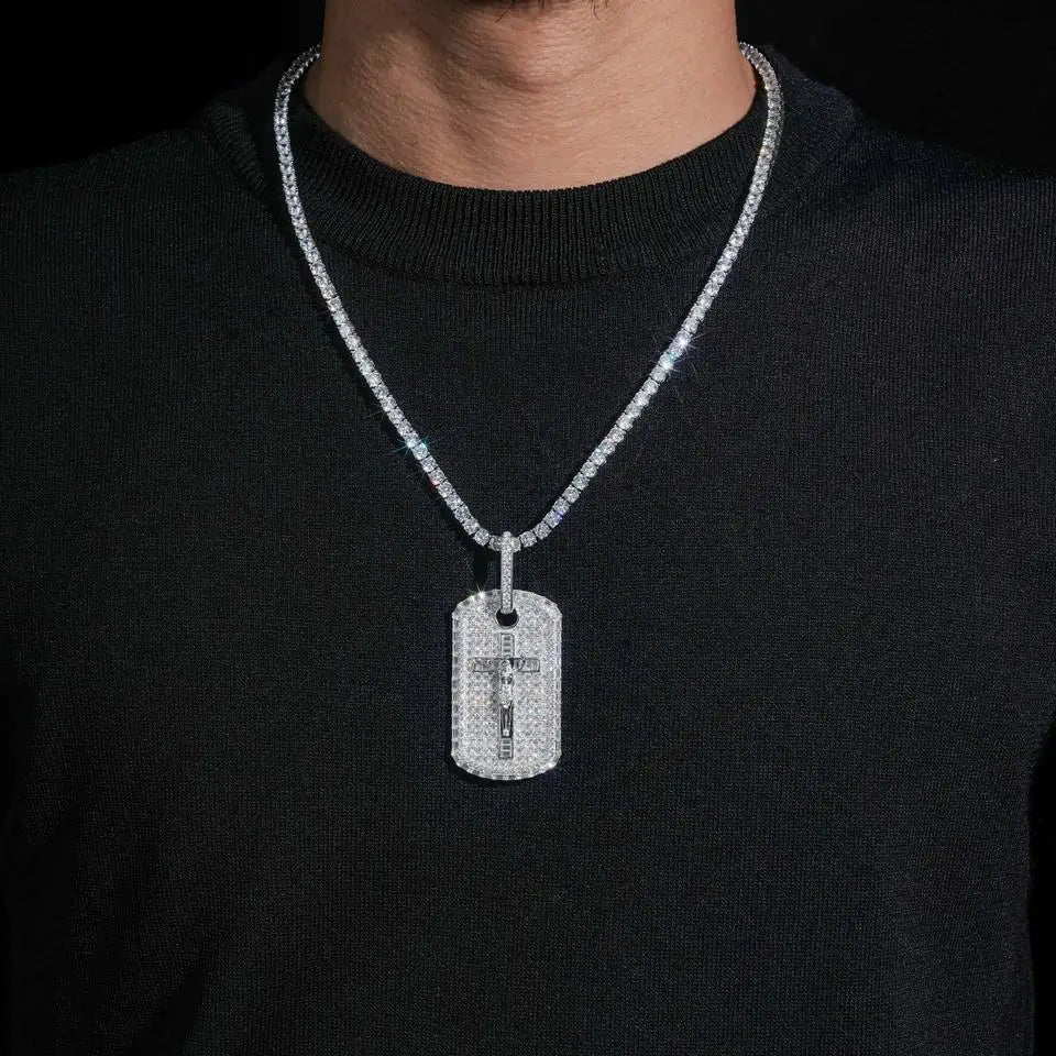 Iced Out Baguette VVS Moissanite Jesus Cross Dog Tag Pendant Main image