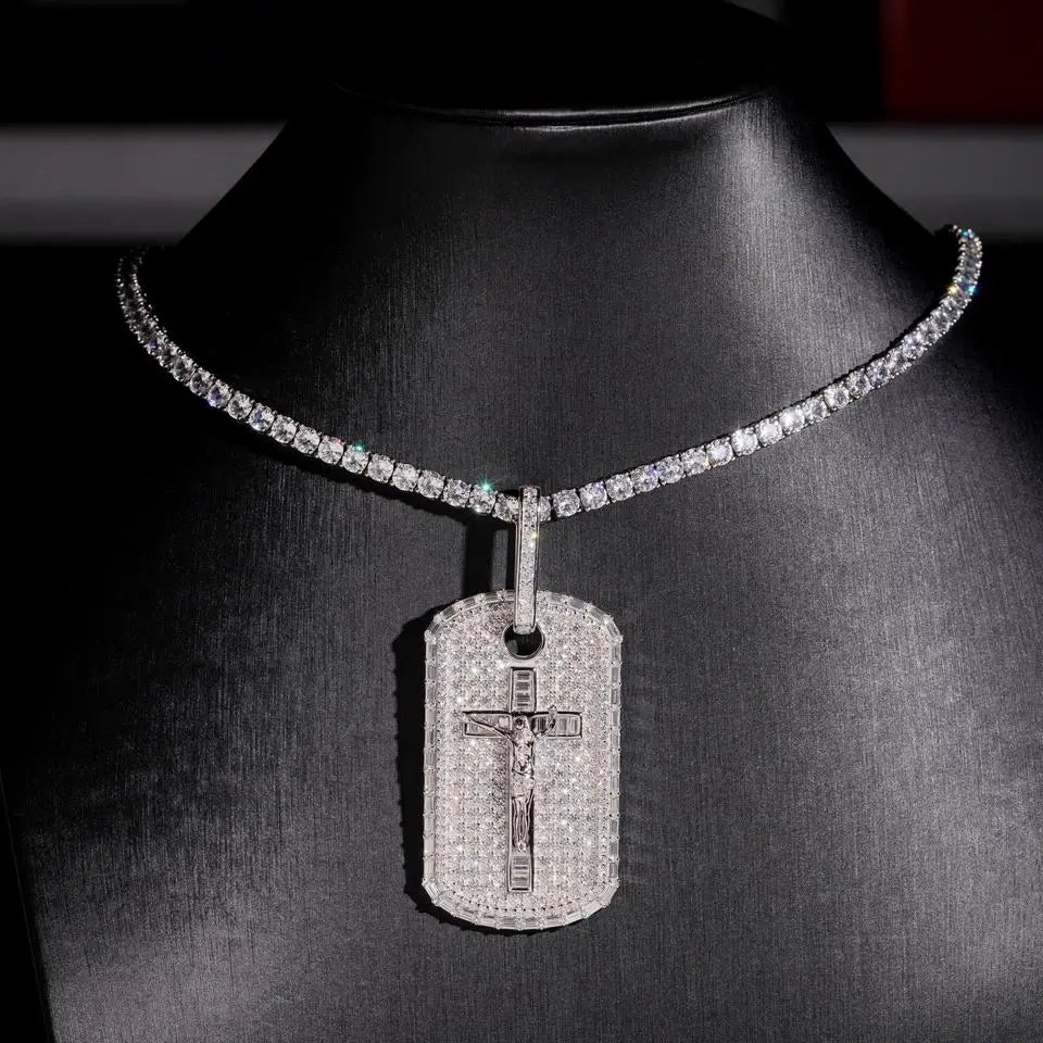 Iced Out Baguette VVS Moissanite Jesus Cross Dog Tag Pendant