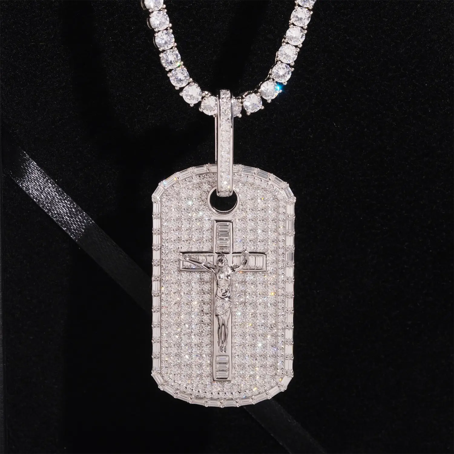 Iced Out Baguette VVS Moissanite Jesus Cross Dog Tag Pendant Secondary image