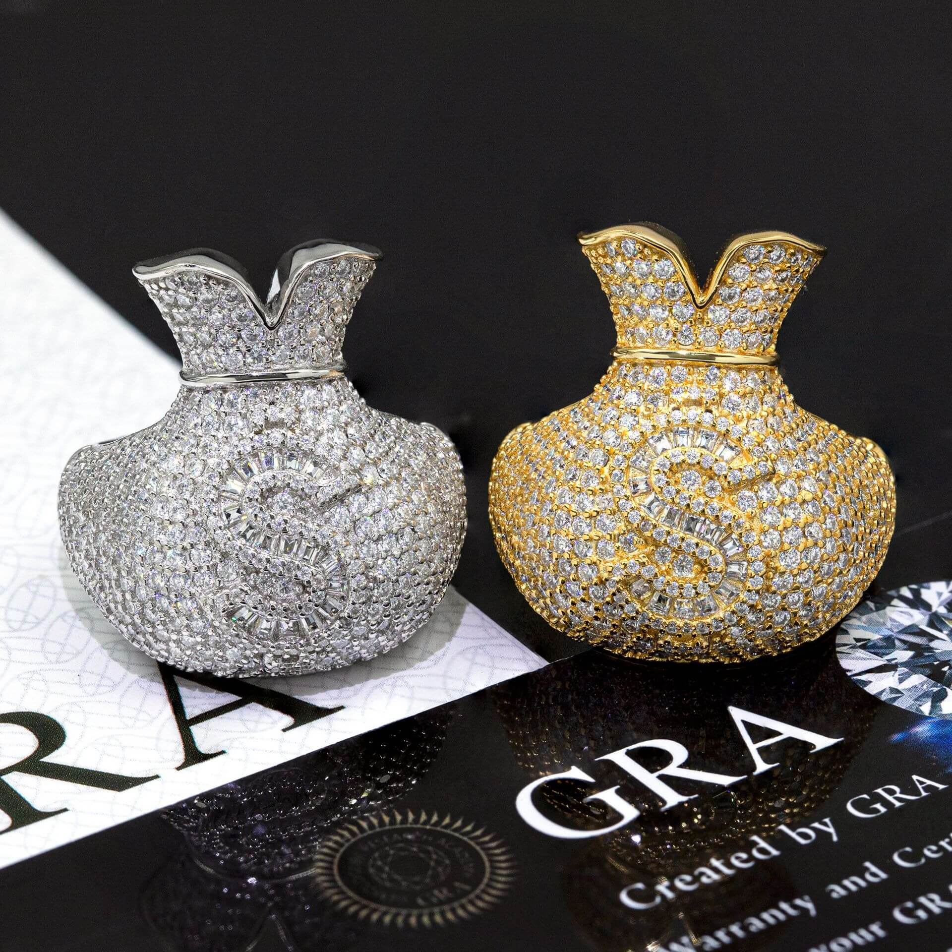 GL 925 Silver inlaid Moissanite Money Bag Hiphop Ring Main image
