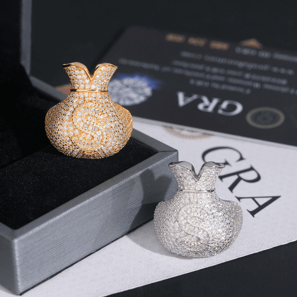 GL 925 Silver inlaid Moissanite Money Bag Hiphop Ring