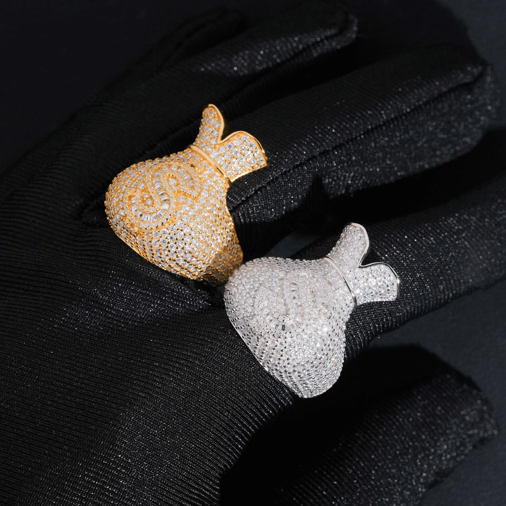 GL 925 Silver inlaid Moissanite Money Bag Hiphop Ring