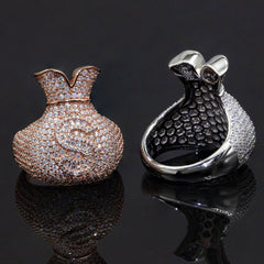GL 925 Silver inlaid Moissanite Money Bag Hiphop Ring