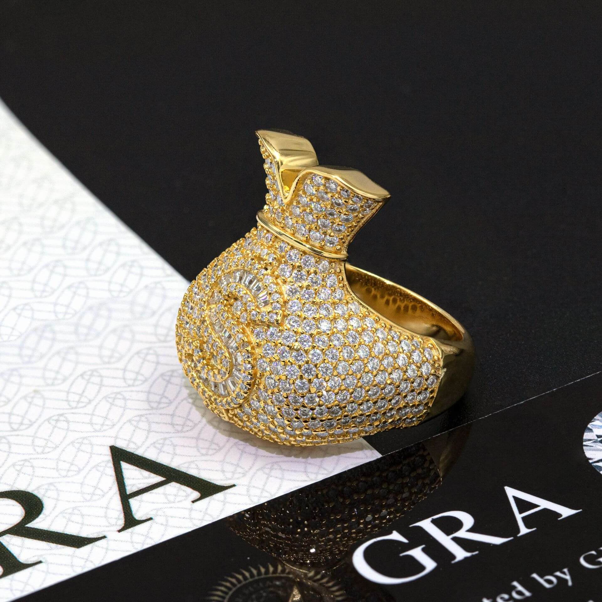 GL 925 Silver inlaid Moissanite Money Bag Hiphop Ring