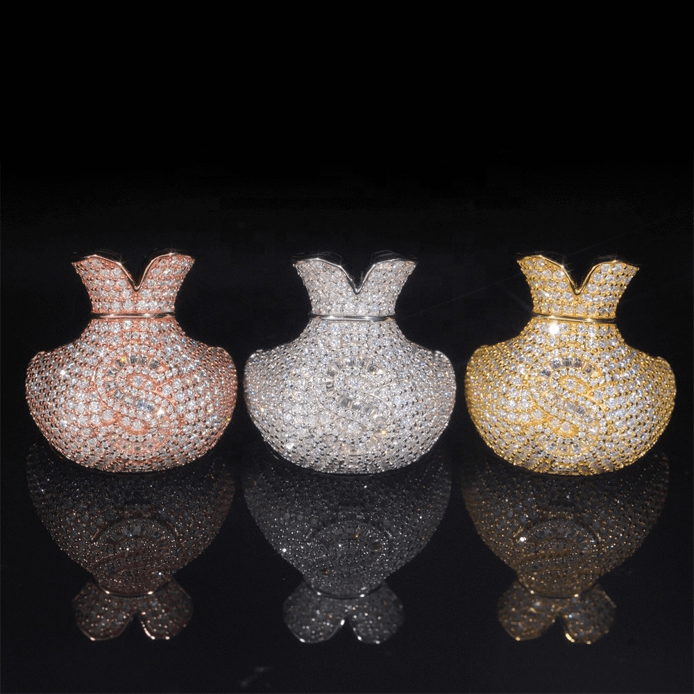 GL 925 Silver inlaid Moissanite Money Bag Hiphop Ring