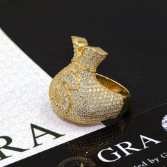 GL 925 Silver inlaid Moissanite Money Bag Hiphop Ring