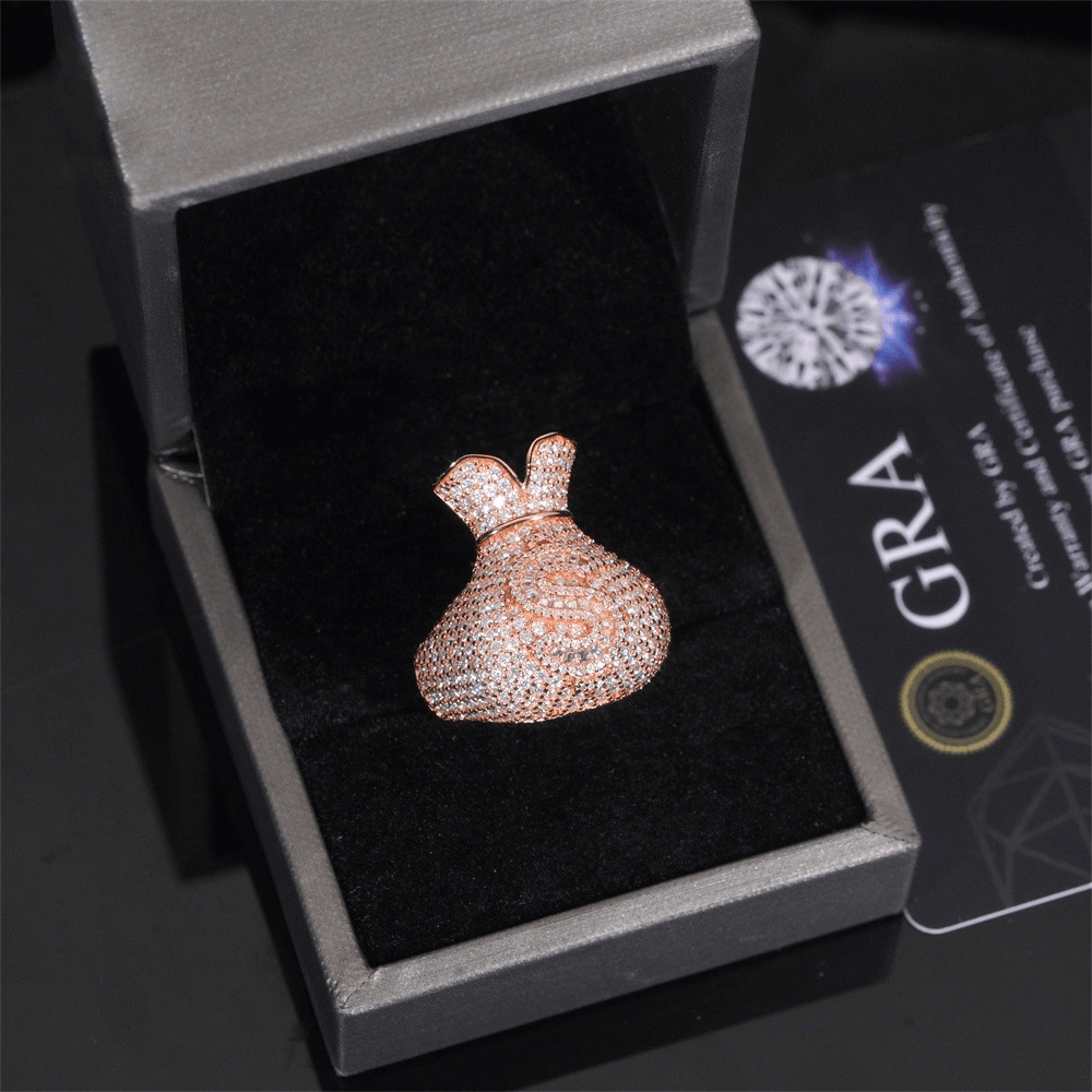 GL 925 Silver inlaid Moissanite Money Bag Hiphop Ring