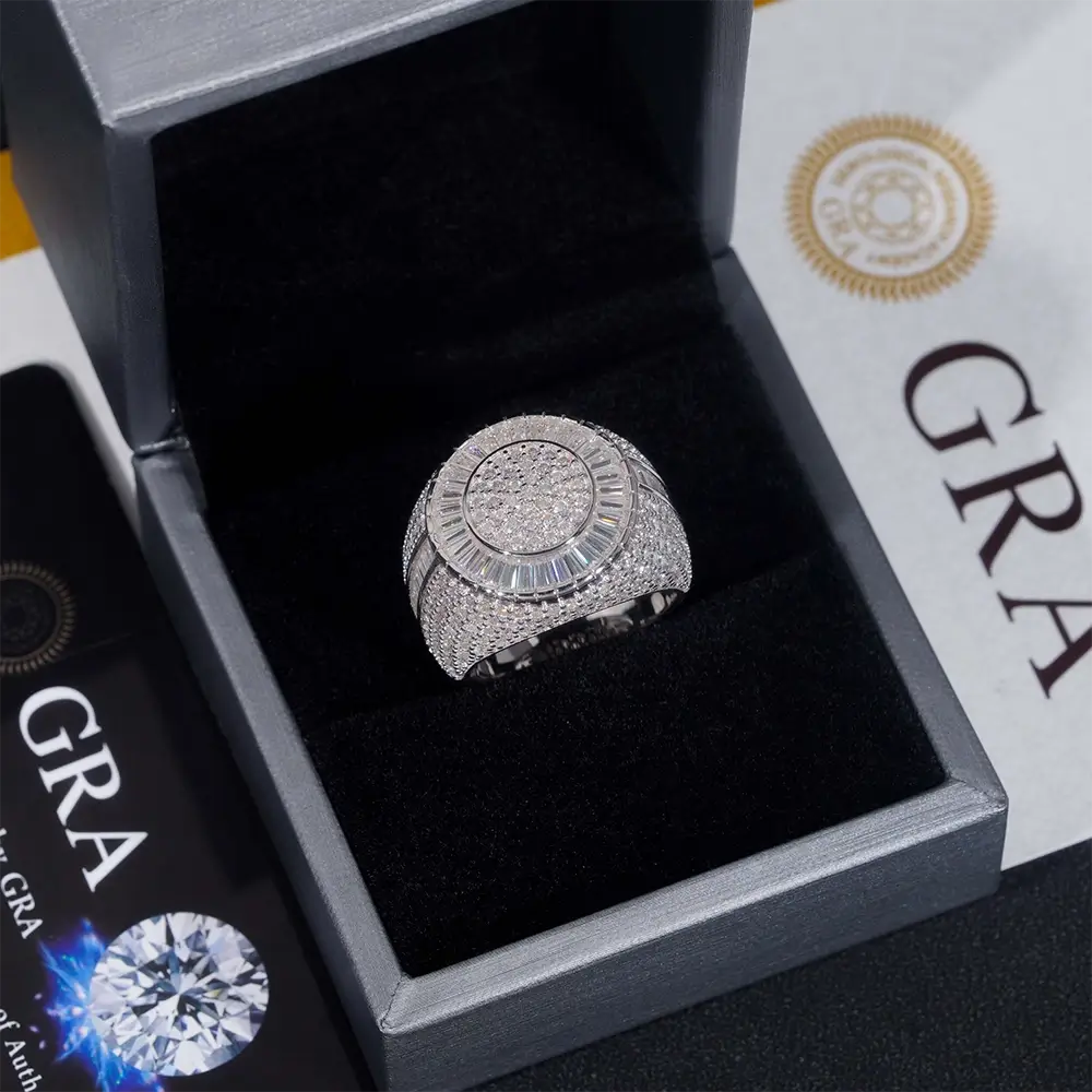 GL Iced Out WS Moissanite Baguette Ring For Men Hip Hop 925 Silver