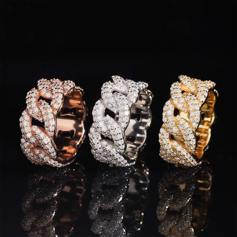 GL Iced Out Round Brilliant Cut Moissanite Cuban Link Band Ring