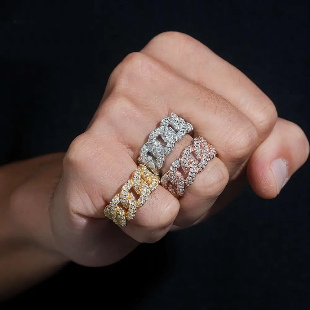 GL Iced Out Round Brilliant Cut Moissanite Cuban Link Band Ring Secondary image