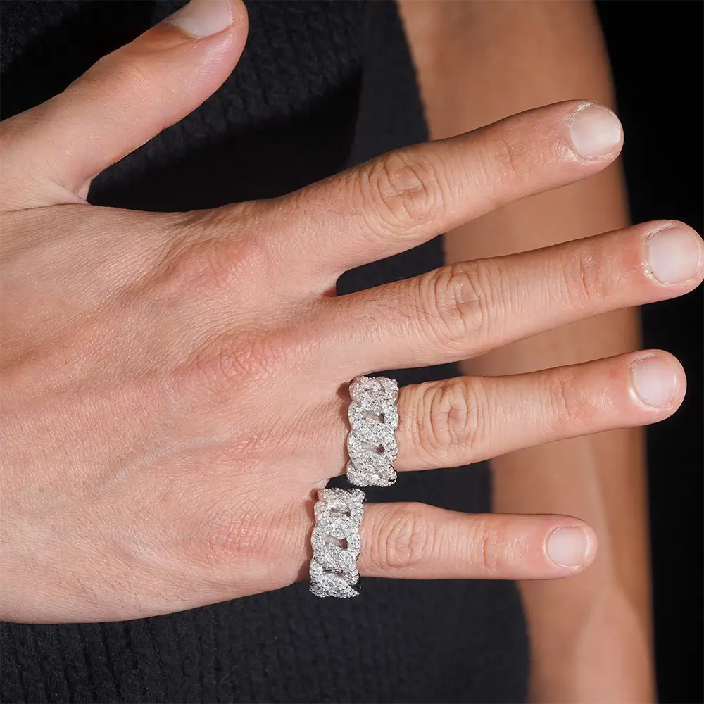 GL Iced Out Round Brilliant Cut Moissanite Cuban Link Band Ring