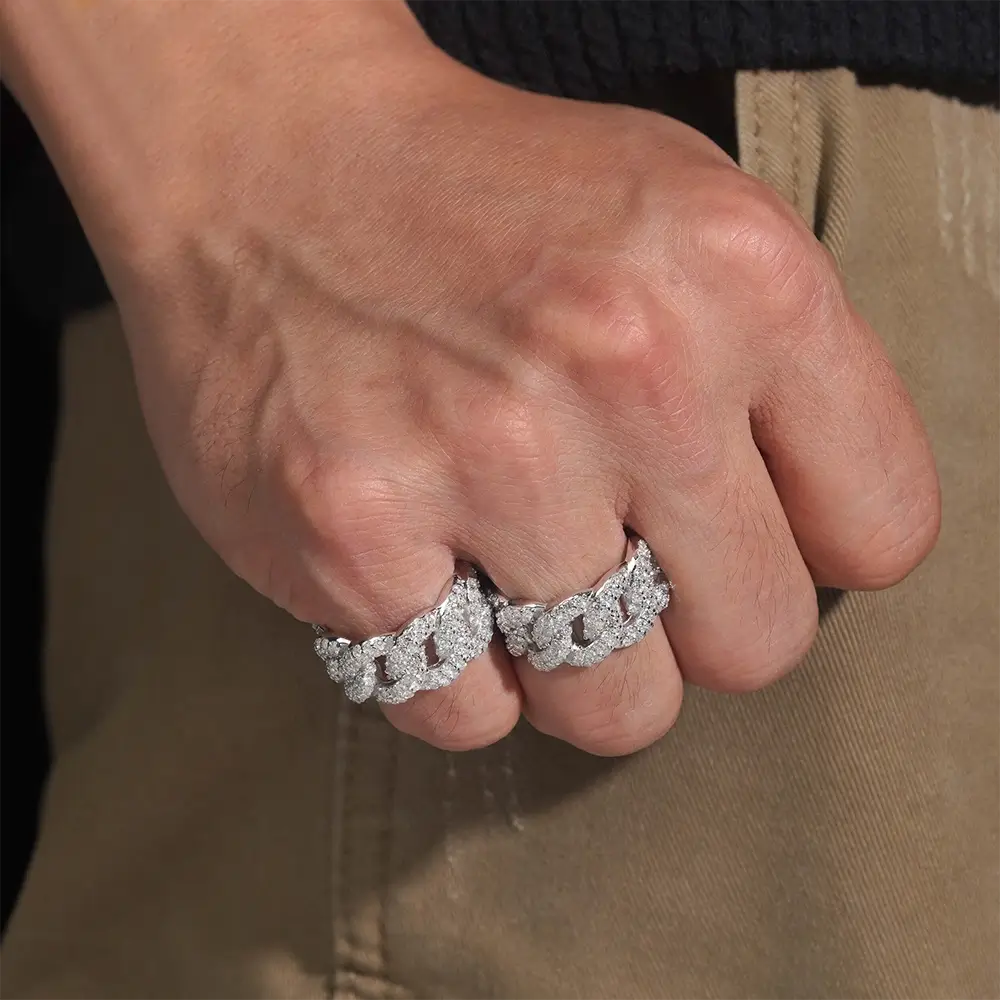 GL Iced Out Round Brilliant Cut Moissanite Cuban Link Band Ring