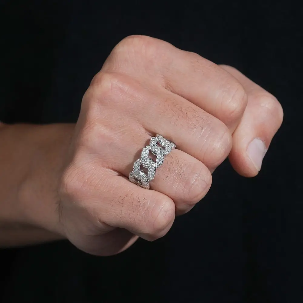 GL Iced Out Round Brilliant Cut Moissanite Cuban Link Band Ring Main image