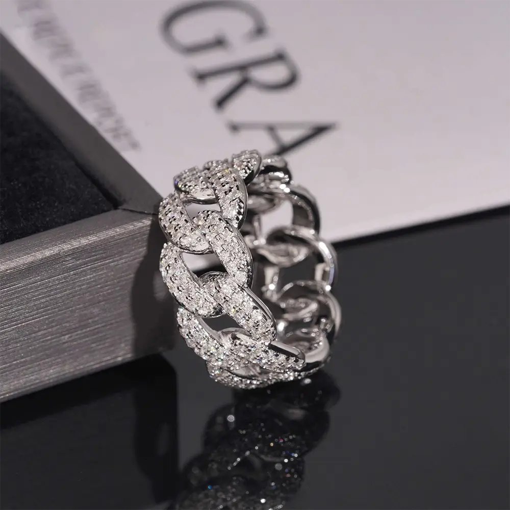 GL Iced Out Round Brilliant Cut Moissanite Cuban Link Band Ring