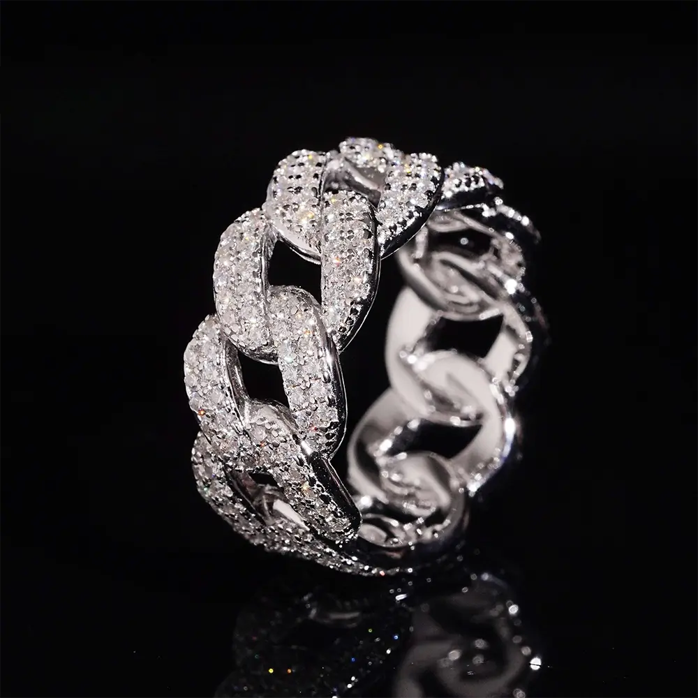 GL Iced Out Round Brilliant Cut Moissanite Cuban Link Band Ring