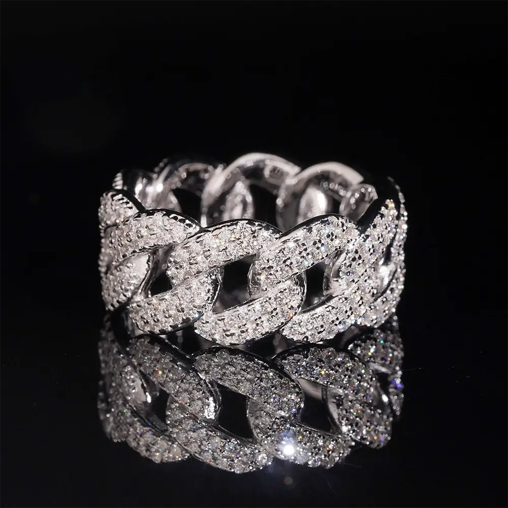 GL Iced Out Round Brilliant Cut Moissanite Cuban Link Band Ring
