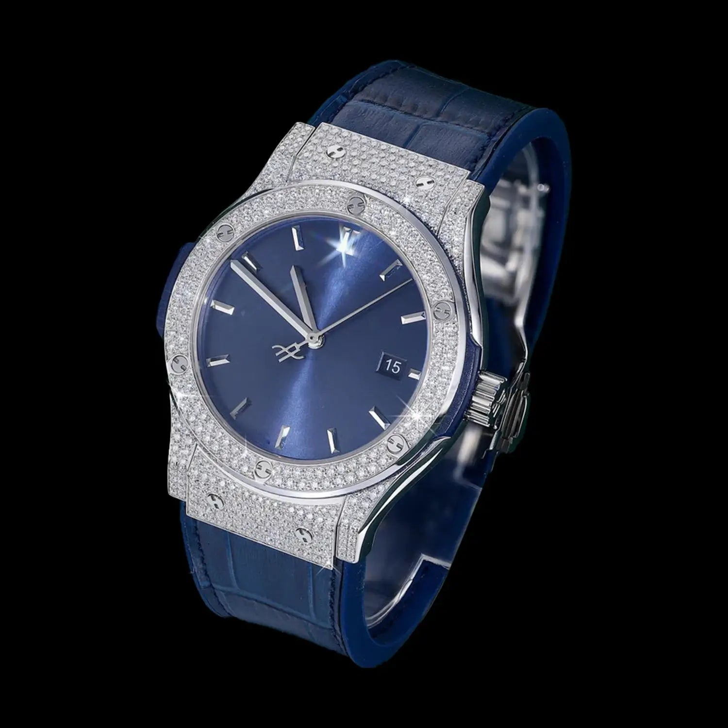 Blue Dial Moissanite Watch – Premium Leather Strap Urban Luxury Style