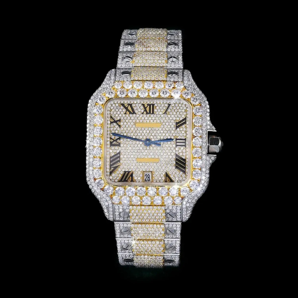 Two-Tone Roman Dial Iced Out Moissanite Watch – Pavé Luxury Hip-Hop Edition