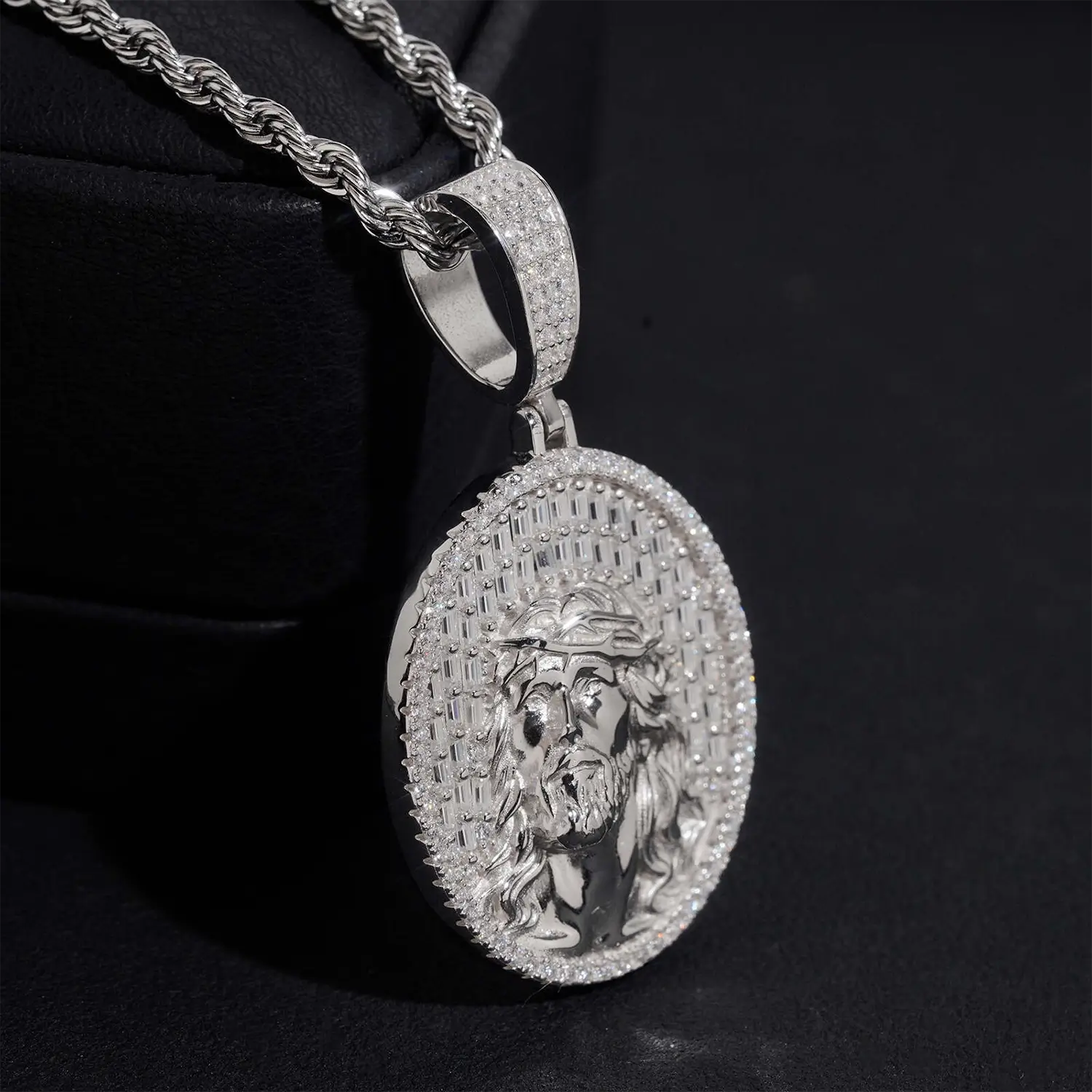 Oval Santa Jesus Religious VVS Moissanite Pendant S925