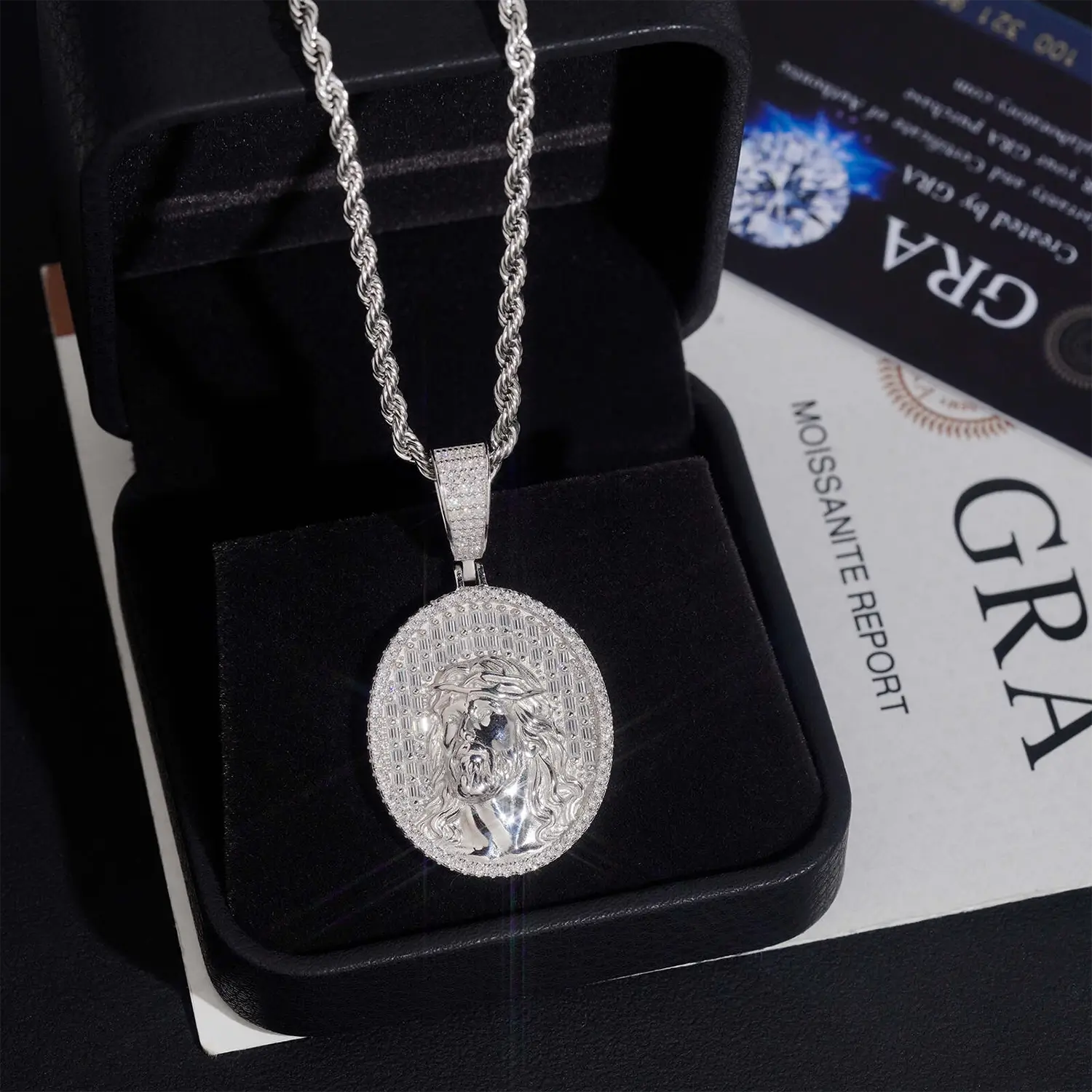 Oval Santa Jesus Religious VVS Moissanite Pendant S925