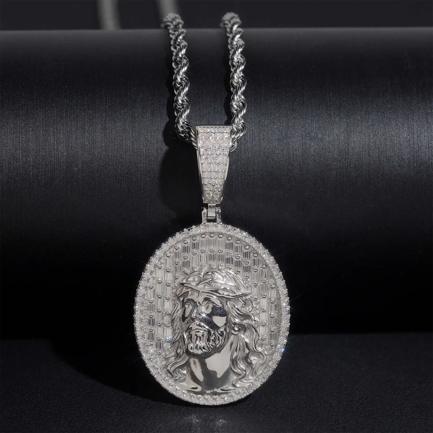 Oval Santa Jesus Religious VVS Moissanite Pendant S925