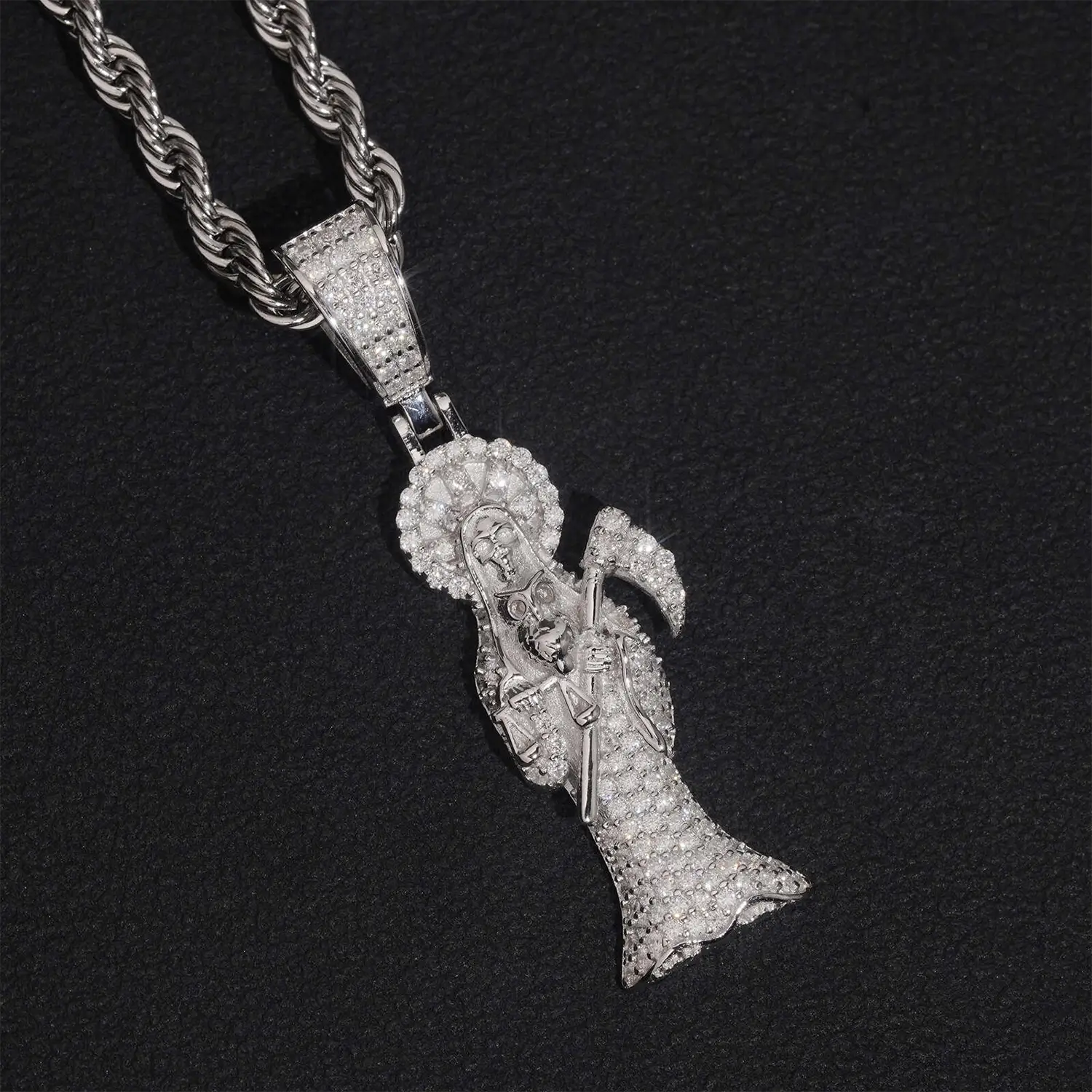 925 Silver VVS Moissanite Santa Muerte Religious Pendant